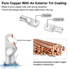 iGreely Battery Welding Pure Copper Ultra Flexible Cable + 5pcs of 5/16" & 5pcs 3/8" Copper Cable Lugs Terminal Connectors with Heat Shrink Tubing