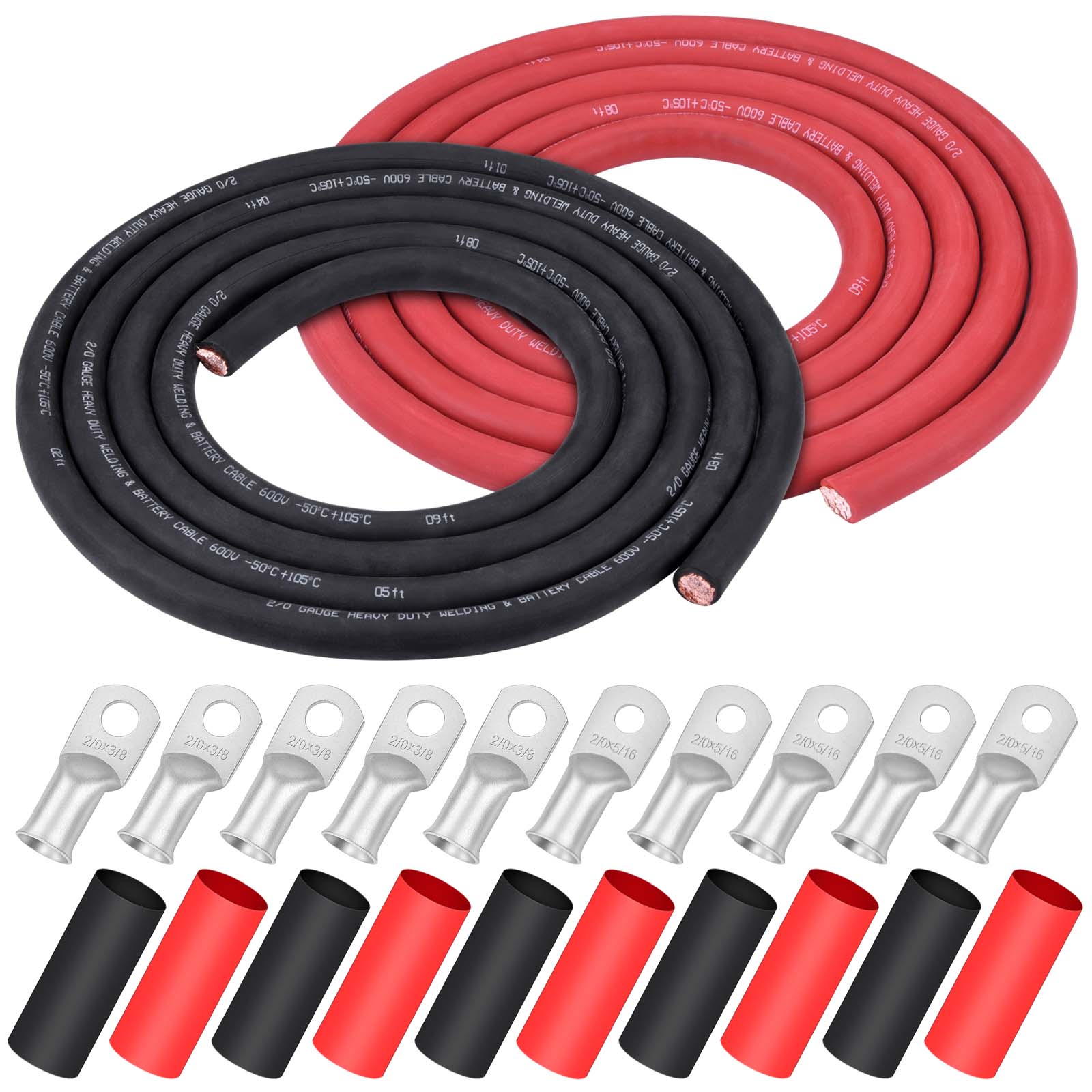 iGreely Battery Welding Pure Copper Ultra Flexible Cable + 5pcs of 5/16" & 5pcs 3/8" Copper Cable Lugs Terminal Connectors with Heat Shrink Tubing