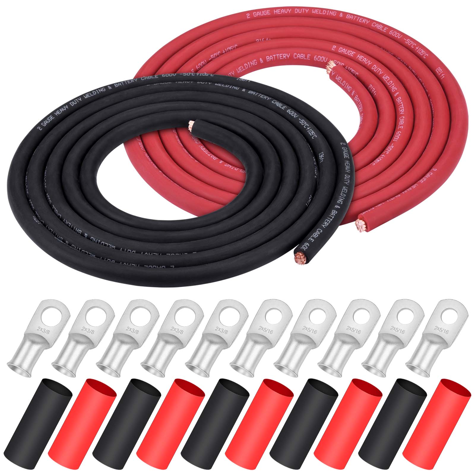 iGreely Battery Welding Pure Copper Ultra Flexible Cable + 5pcs of 5/16" & 5pcs 3/8" Copper Cable Lugs Terminal Connectors with Heat Shrink Tubing