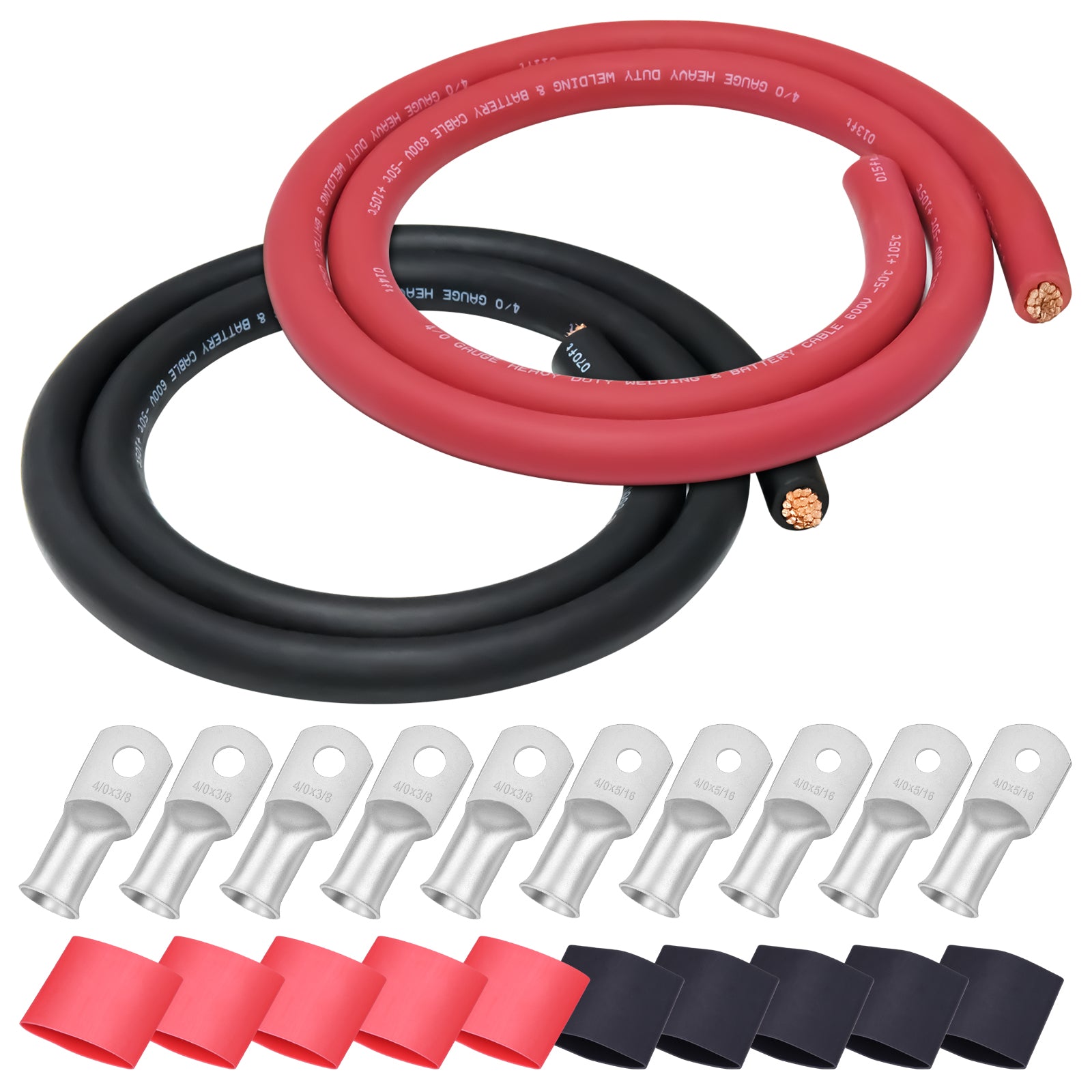 iGreely Battery Welding Pure Copper Ultra Flexible Cable + 5pcs of 5/16" & 5pcs 3/8" Copper Cable Lugs Terminal Connectors with Heat Shrink Tubing