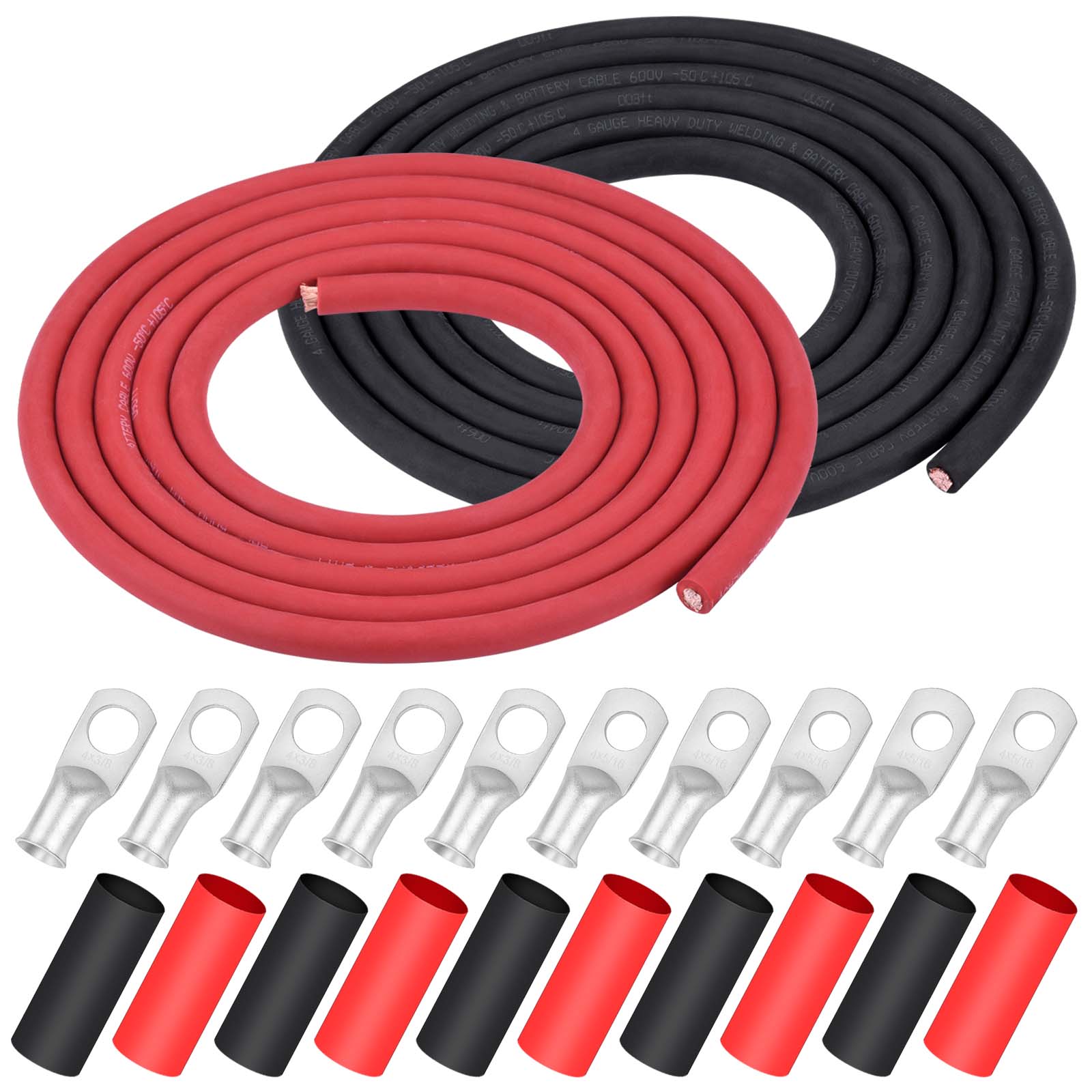 iGreely Battery Welding Pure Copper Ultra Flexible Cable + 5pcs of 5/16" & 5pcs 3/8" Copper Cable Lugs Terminal Connectors with Heat Shrink Tubing