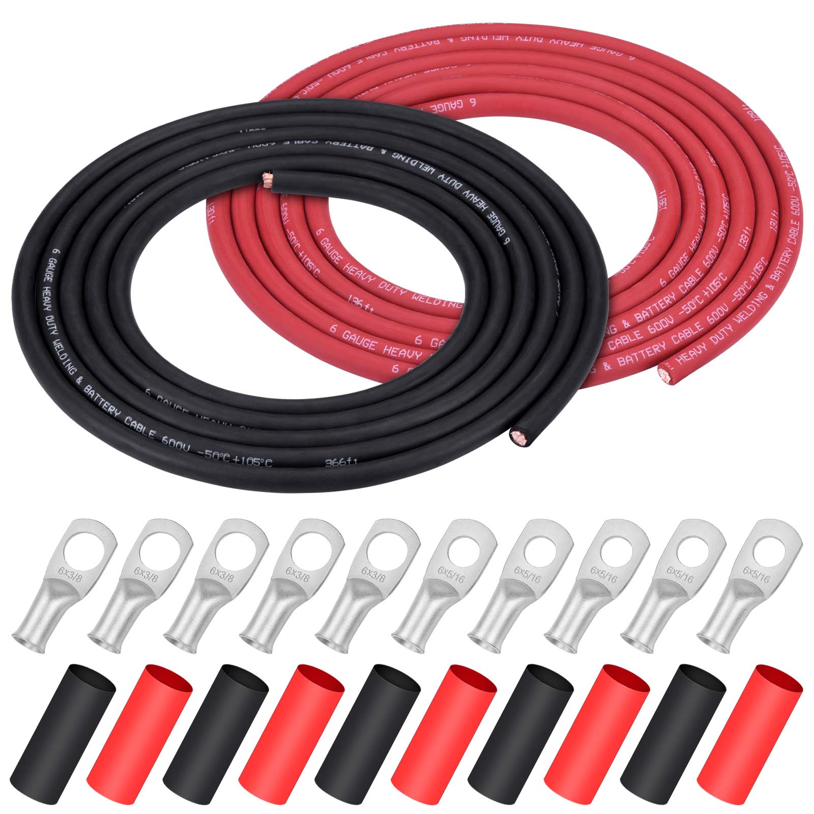 iGreely Battery Welding Pure Copper Ultra Flexible Cable + 5pcs of 5/16" & 5pcs 3/8" Copper Cable Lugs Terminal Connectors with Heat Shrink Tubing