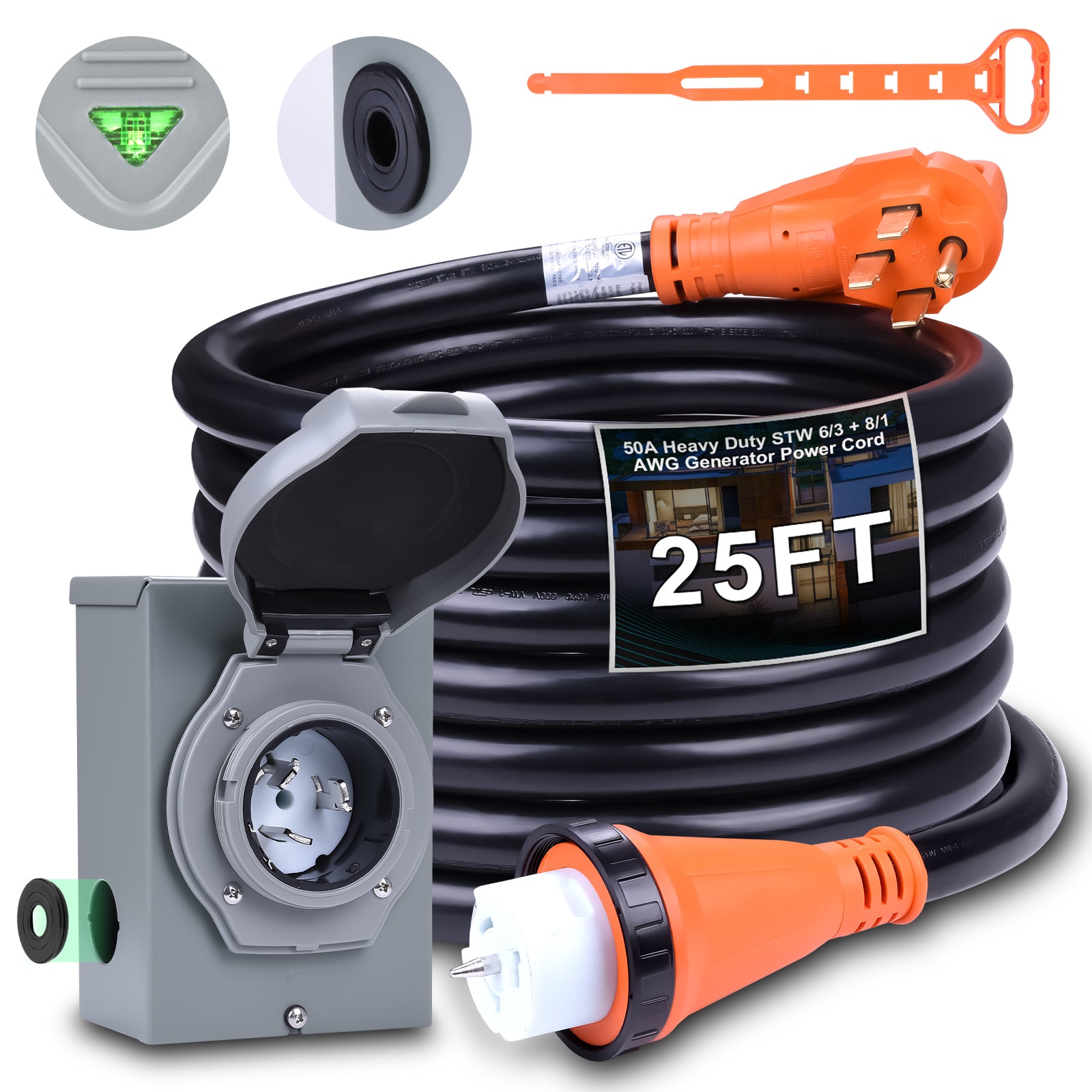50A Generator Cord and Power Inlet Box, Generator Extension Cord NEMA ...
