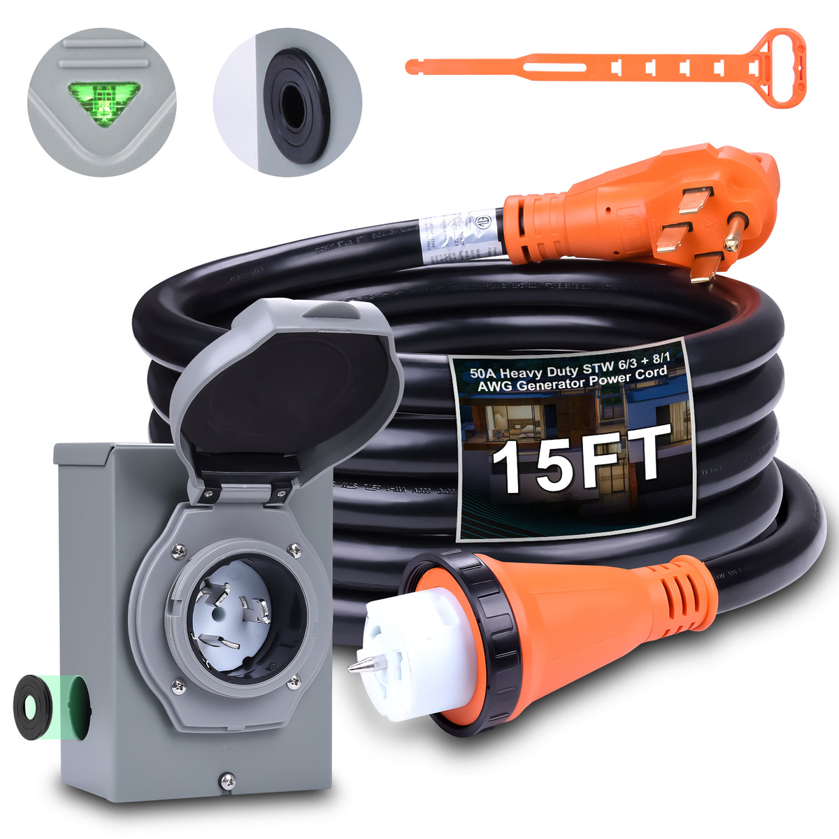 Generator Cable Intry 50A Generator Cord and Power Inlet Box, Generator Extension Cord NEMA ...