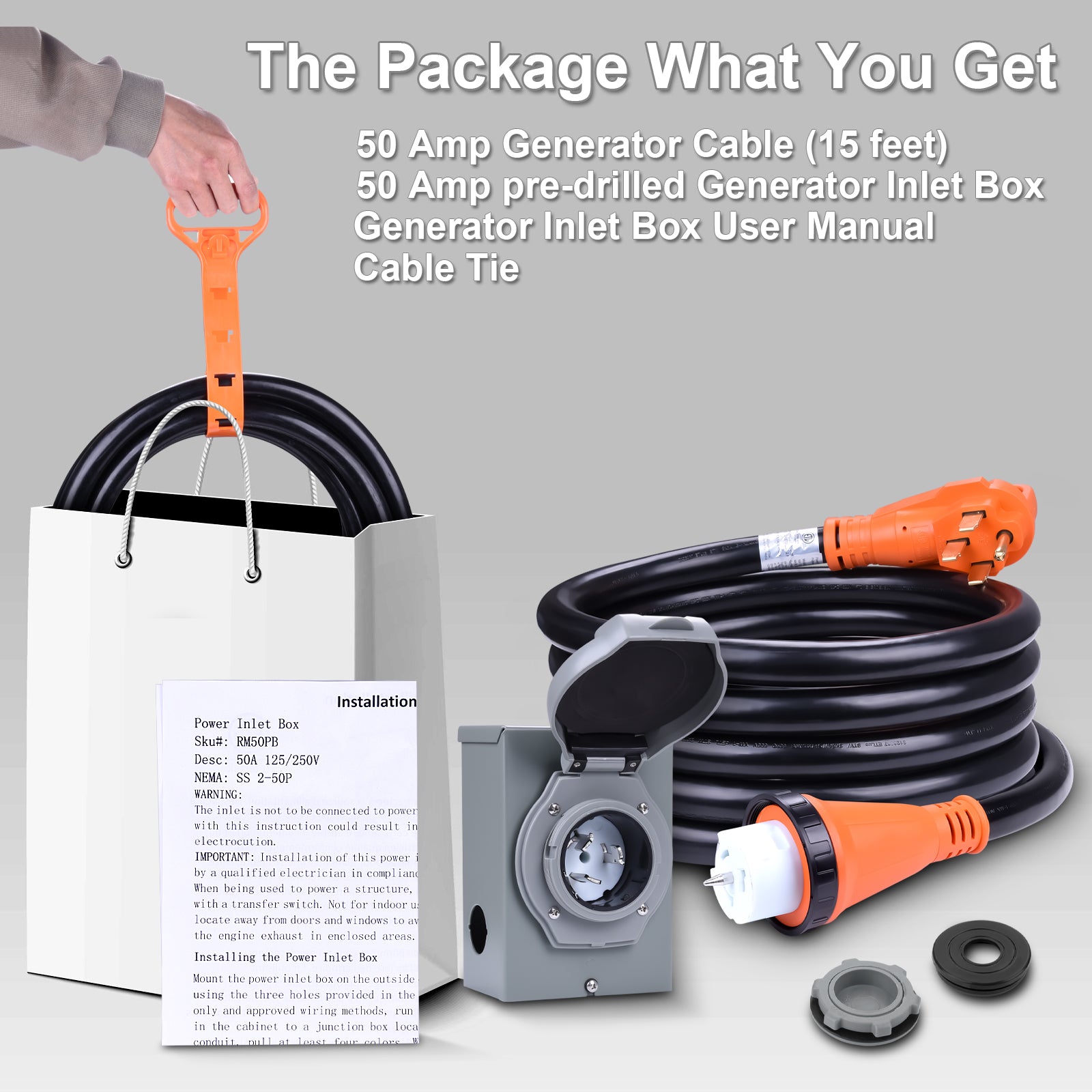 Generator Cable Intry 50A Generator Cord and Power Inlet Box, Generator Extension Cord NEMA ...