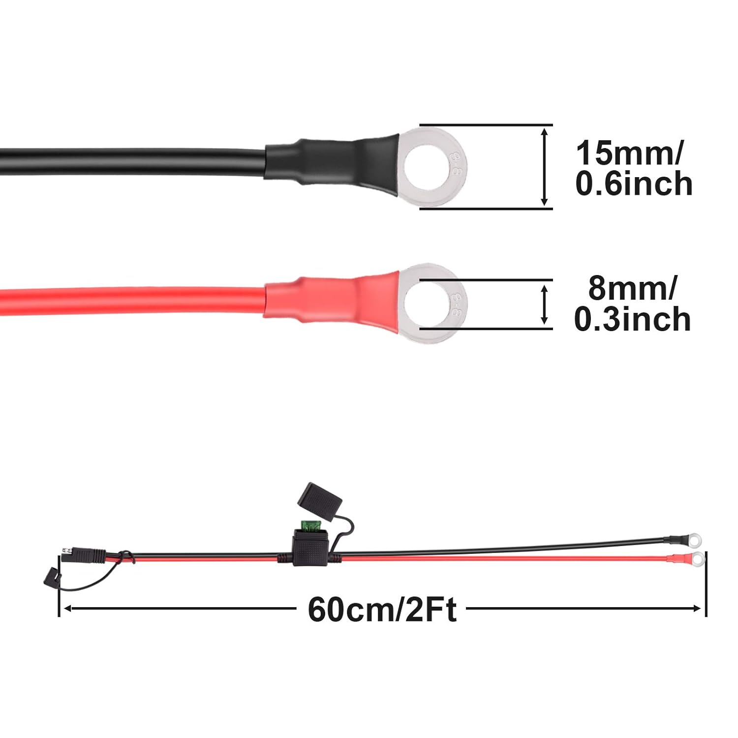 SAE Battery Connector - iGreely 10 Gauge Wire SAE to O Ring Terminal, 2-Pin Quick Disconnect SAE Battery Cable Extension Wire for Solar Panel Automotive Marine Motorcycle Cars RV 10 AWG 2ft/60cm