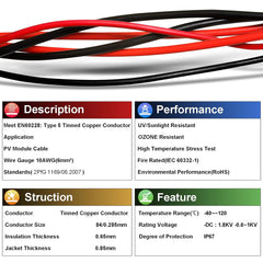 iGreely Solar Panel Wire Black & Red 10AWG(6mm?) Tinned Copper PV Wire UV Resistant Cable for Solar Panel MPPT Controller Boat Marine Automotive RV Outdoor