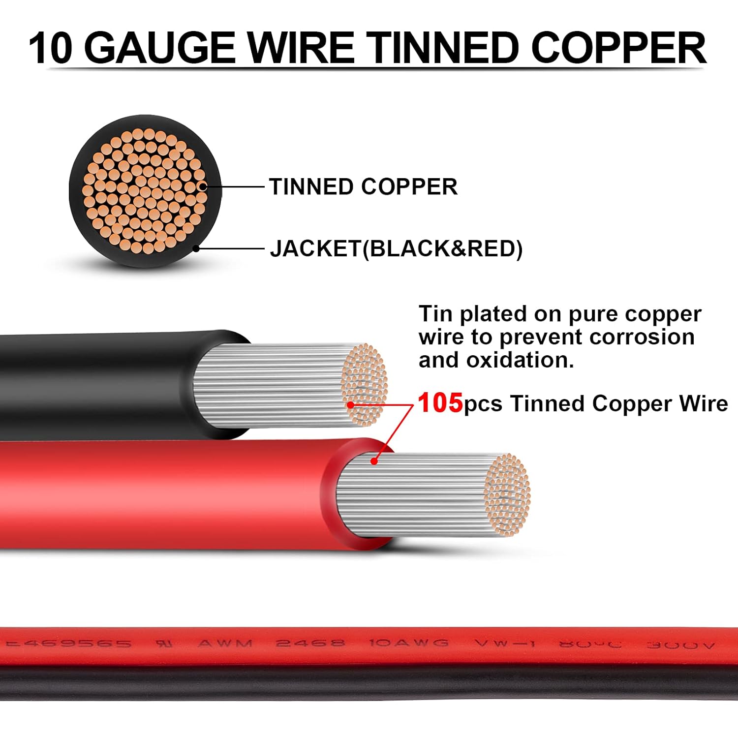 10 Gauge Wire - iGreely 10/2 Gauge Tinned Copper Low Voltage Wire Electrical Wire Cable for Solar Panel Car Audio Automotive Trailer Marine Harness Wiring 10AWG