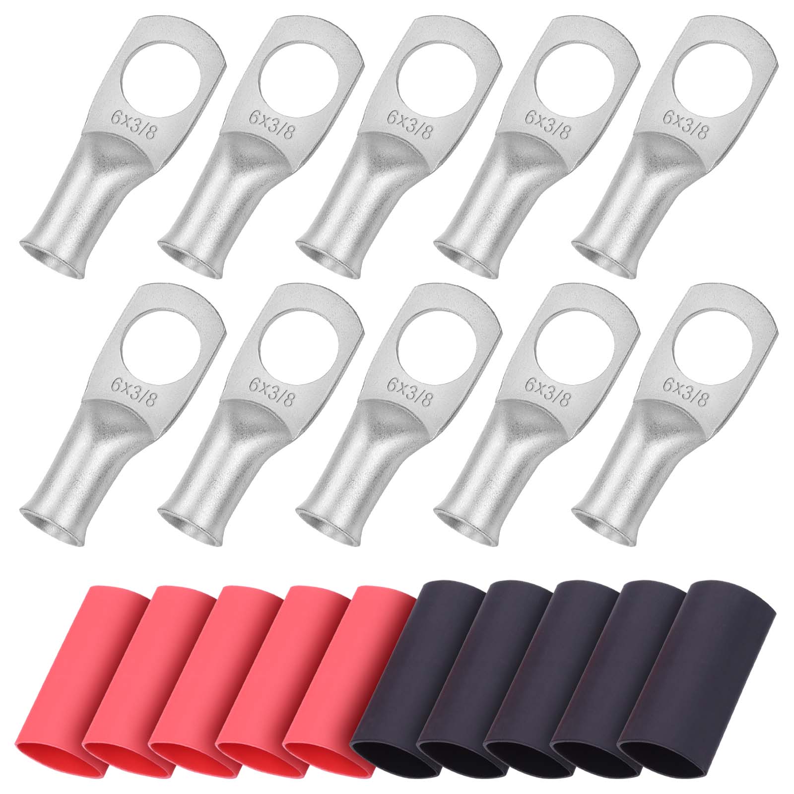 iGreely 10pcs Wire Lugs Ring Terminal Connectors Ends Heavy Duty Tinned Copper for Battery Cable Lug Wire Electrical Eyelets with 10pcs 3:1 Dual Wall Adhesive Heat Shrink