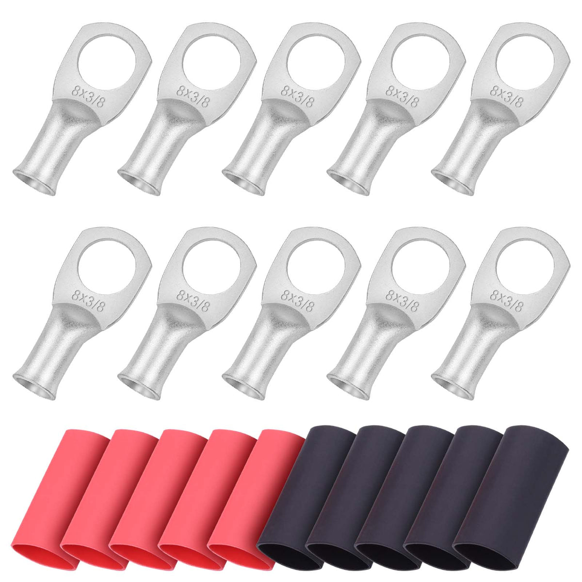 iGreely 10pcs Wire Lugs Ring Terminal Connectors Ends Heavy Duty Tinned Copper for Battery Cable Lug Wire Electrical Eyelets with 10pcs 3:1 Dual Wall Adhesive Heat Shrink